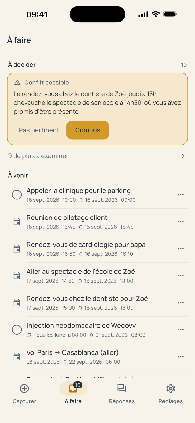L'écran À faire de Nitka : un conflit possible entre un rendez-vous chez le dentiste et un spectacle d'école, au-dessus des rappels de la semaine
